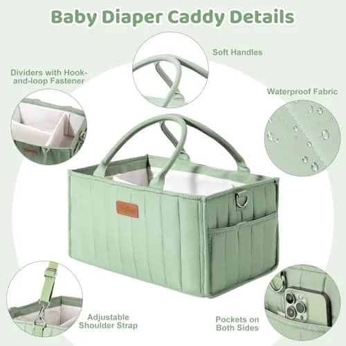 Zooawa Baby Diaper Caddy Organizer, Portable Nursery Storage Basket with Compartments, Handle & Shoulder Strap in Matcha Green thumbnail 3