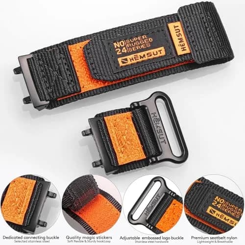 torbollo Sport Loop Watch Band for Amazfit T-Rex 3 Pro 48mm | Black/Orange Nylon, Adjustable Hook-and-Loop thumbnail 5
