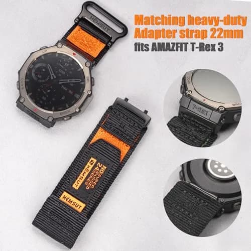 torbollo Sport Loop Watch Band for Amazfit T-Rex 3 Pro 48mm | Black/Orange Nylon, Adjustable Hook-and-Loop thumbnail 6