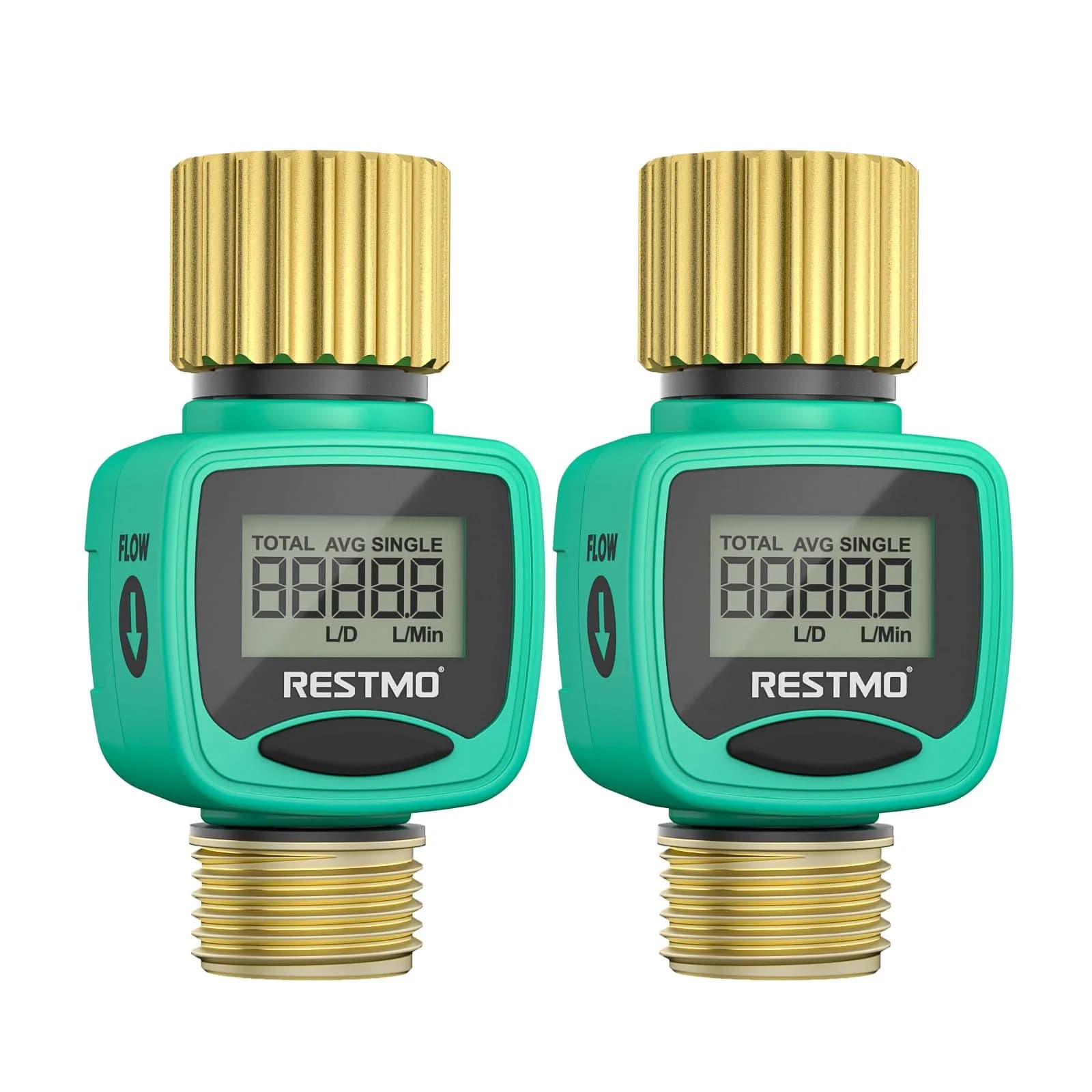 Restmo Water Flow Meter 2 Pack | 0.3-12 GPM (1-45.5 LPM) Flow Rate, 99999 Gal (99999 L) Max Consumption, IPX6 Waterproof — Green