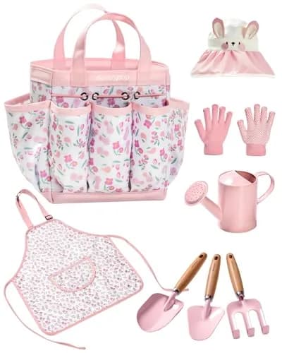 Seedypop Kids Gardening Tool Set with Hat, Apron & Gloves | 8-Piece Pink Flower Set thumbnail 1