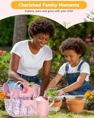 Seedypop Kids Gardening Tool Set with Hat, Apron & Gloves | 8-Piece Pink Flower Set thumbnail 7