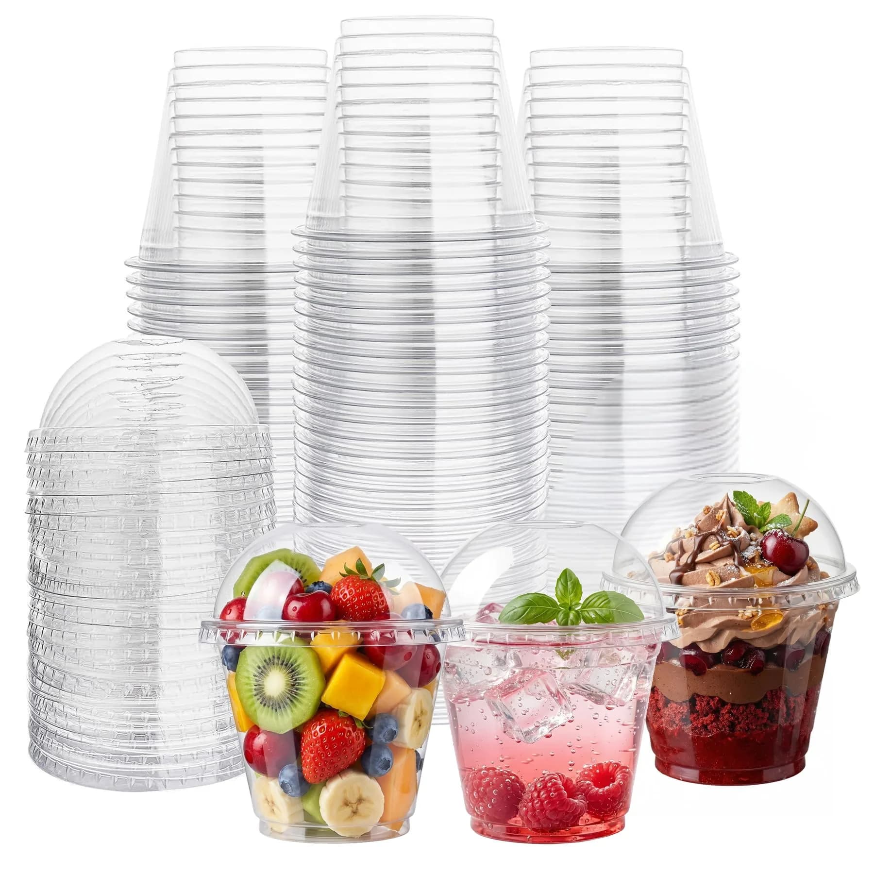 Lullaby 50 Pack 9 oz Clear Plastic Dessert Cups with Cross Hole Dome Lids | Disposable Party Cups for Daily Use