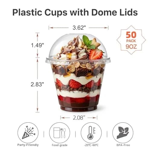 Lullaby 50 Pack 9 oz Clear Plastic Dessert Cups with Cross Hole Dome Lids | Disposable Party Cups for Daily Use thumbnail 2