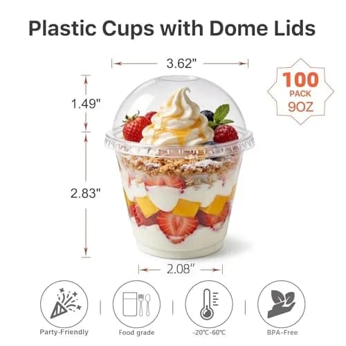 Lullaby 100 Pack 9oz Clear Plastic Dessert Cups with Dome Lids | Disposable to Go Party Cups thumbnail 2