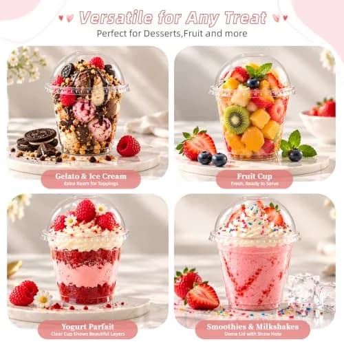 Lullaby 100 Pack 9oz Clear Plastic Dessert Cups with Dome Lids | Disposable to Go Party Cups thumbnail 3