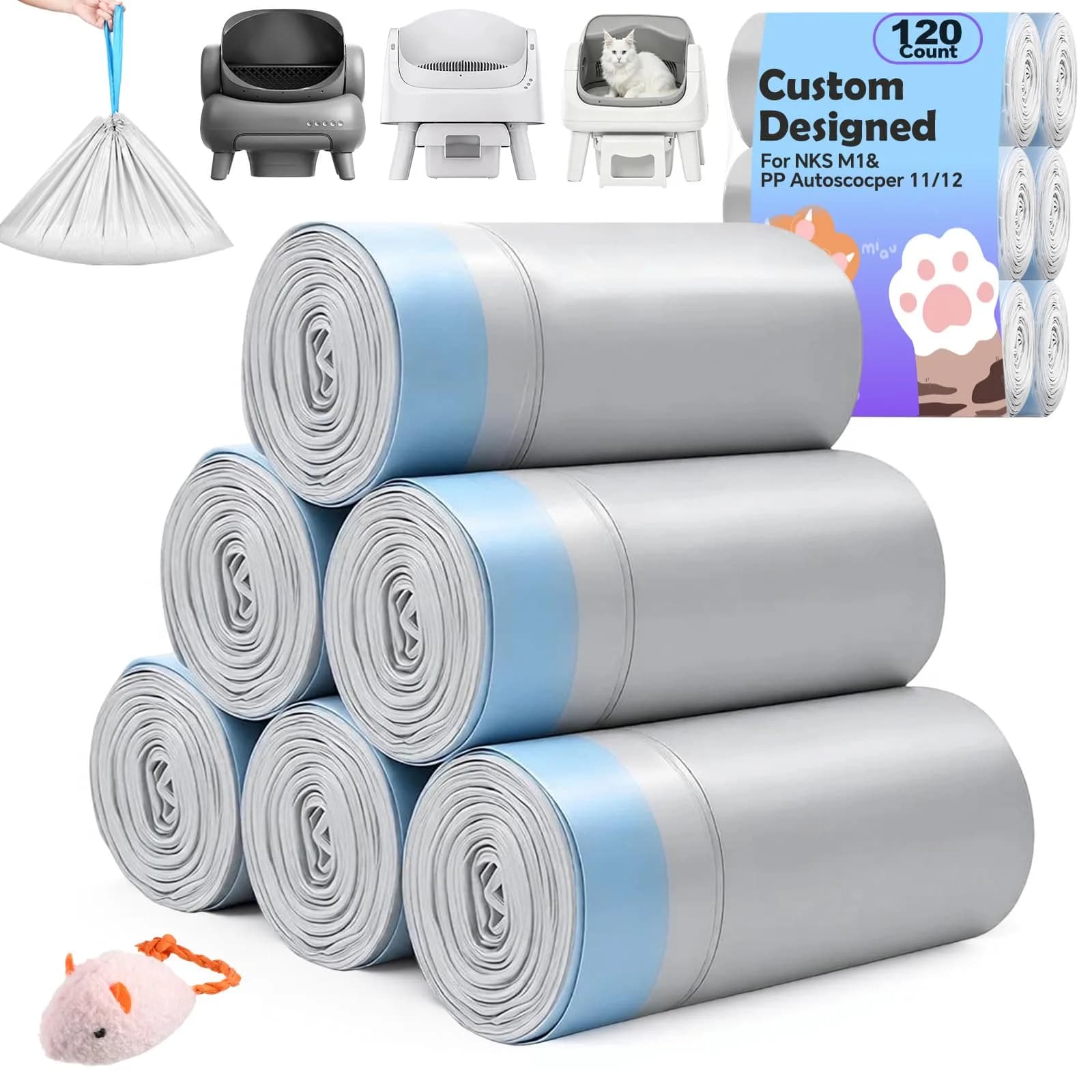 KropBom Heavy Duty Cat Litter Bags 120 Count (30 bags/roll, 4 rolls) | Leak-Proof, Drawstring Handles, Unscented