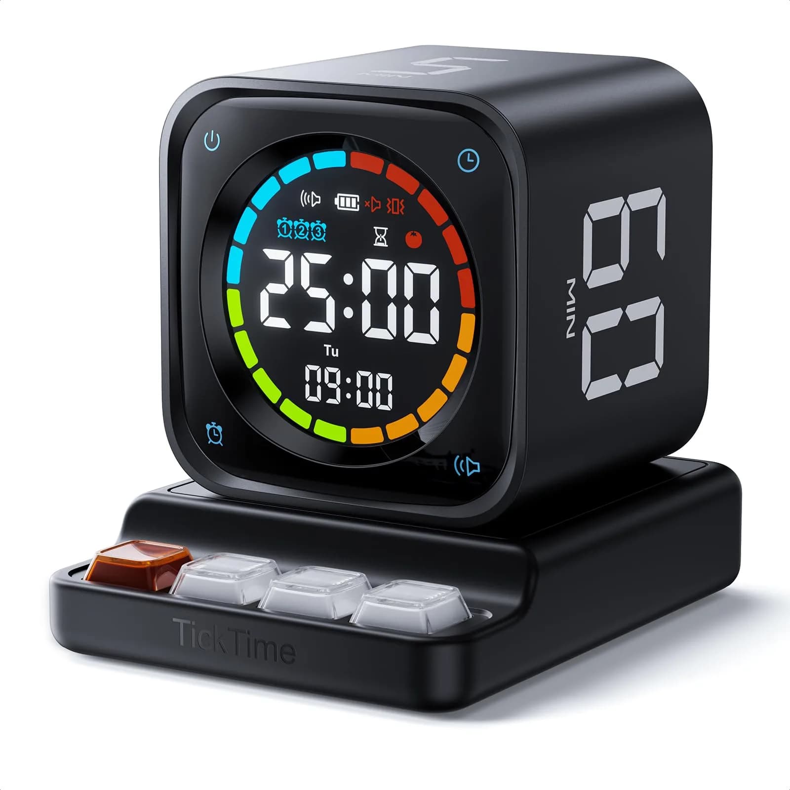 Ticktime Pomodoro Timer Cube 3 Alarm Silent Vibrate Clock 5/10/30/60 Min Obsidian Black - main product image
