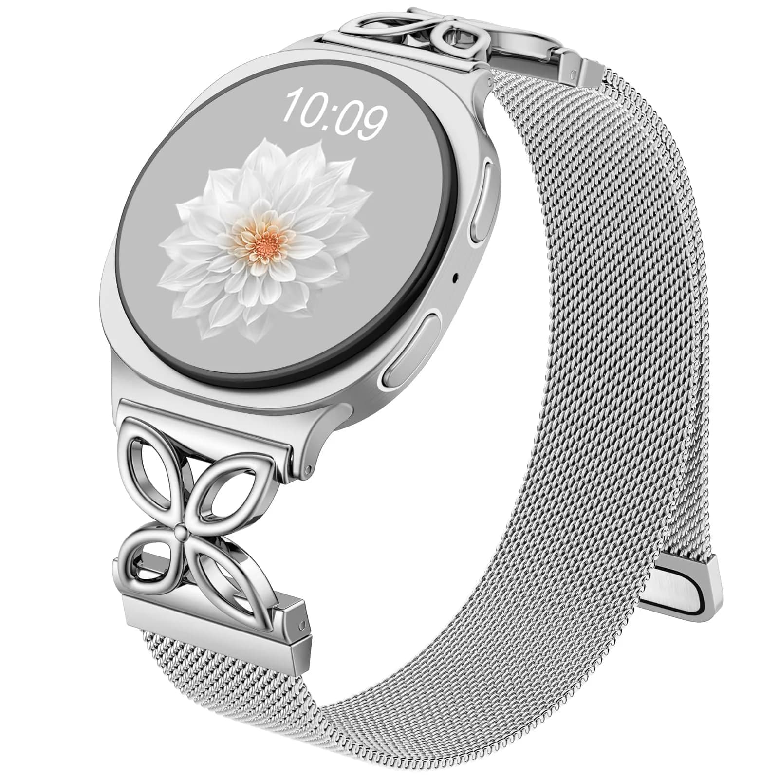Getino Magnetic Metal Watch Band Compatible with Samsung Galaxy Watch 9 & 8 (40mm,44mm,46mm) | Floral Milanese Strap for Women — Silver