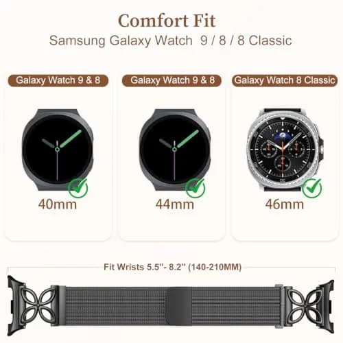 Getino Magnetic Floral Watch Band Compatible with Samsung Galaxy Watch 9/8/8 Classic 40mm 44mm 46mm Black | Stainless Steel Milanese Strap thumbnail 5