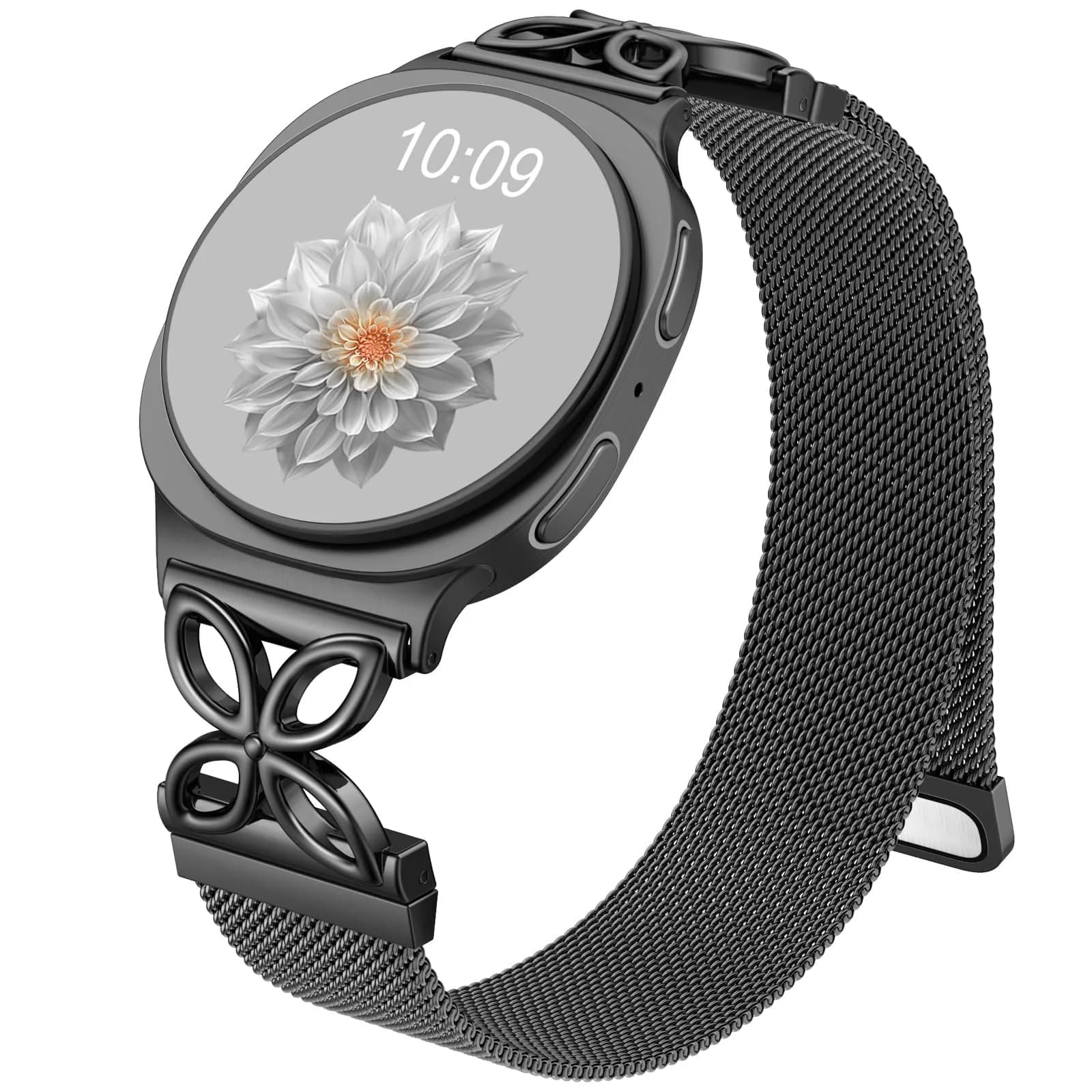 Getino Magnetic Metal Watch Band Compatible with Samsung Galaxy Watch 9 & 8 (40mm,44mm,46mm) | Floral Milanese Strap for Women — Black