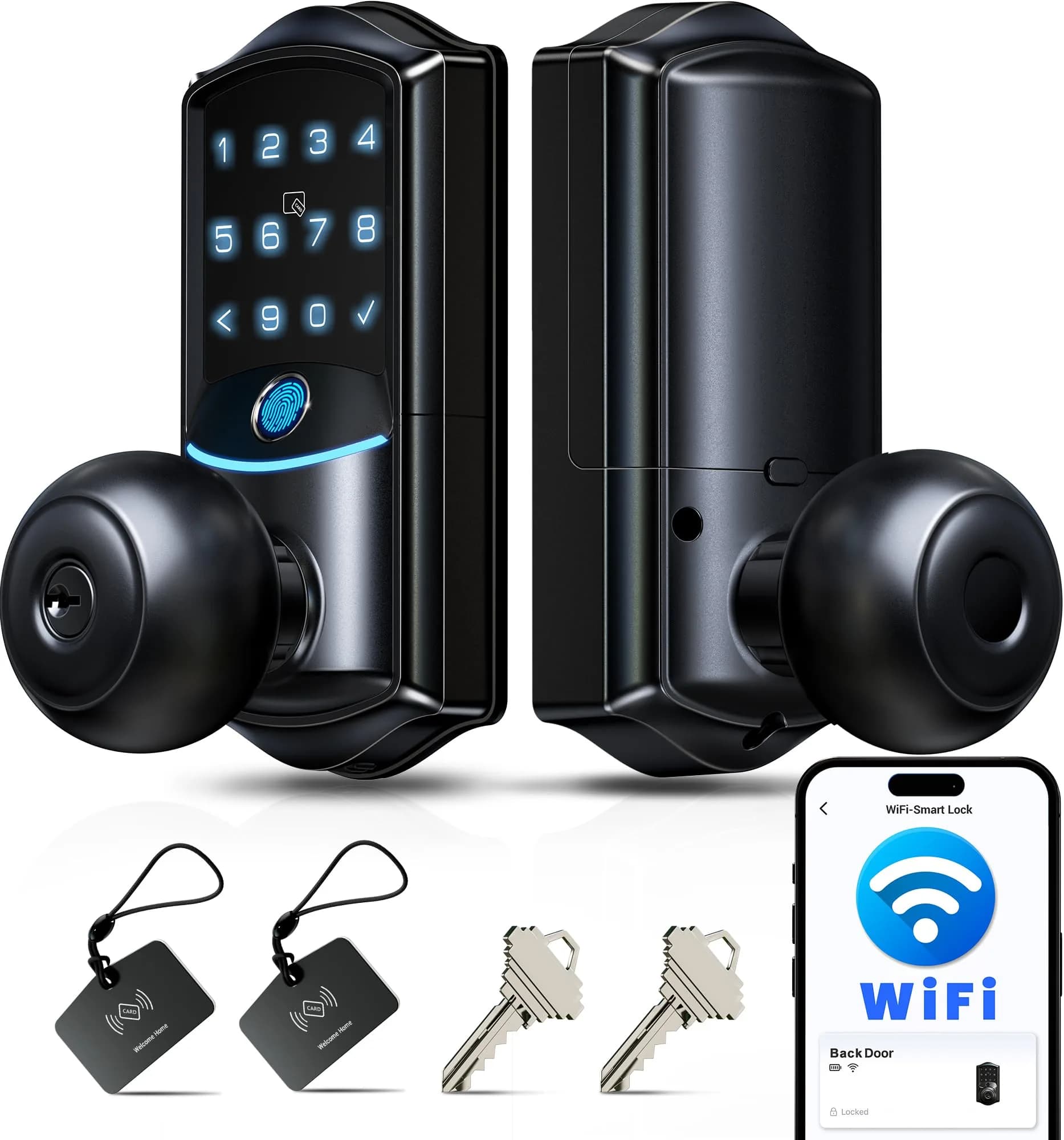 Veise VE028 WiFi Fingerprint Smart Door Lock with Knob Handle, Matte Black 1.3 kg (2.87 lb) | Smart Remote Access & Voice Control - main product image