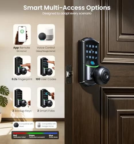 Veise VE028 WiFi Fingerprint Smart Door Lock with Knob Handle, Matte Black 1.3 kg (2.87 lb) | Smart Remote Access & Voice Control thumbnail 3