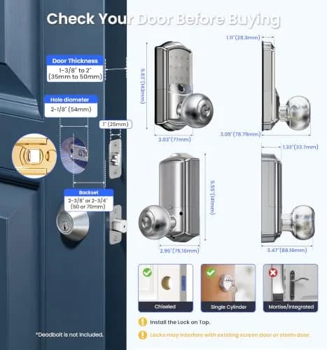 Veise VE028 WiFi Fingerprint Smart Door Lock with Knob Handle, Satin Nickel 2.82 lb (1.288 kg) | Remote App, Voice Control, Keyless Entry thumbnail 7