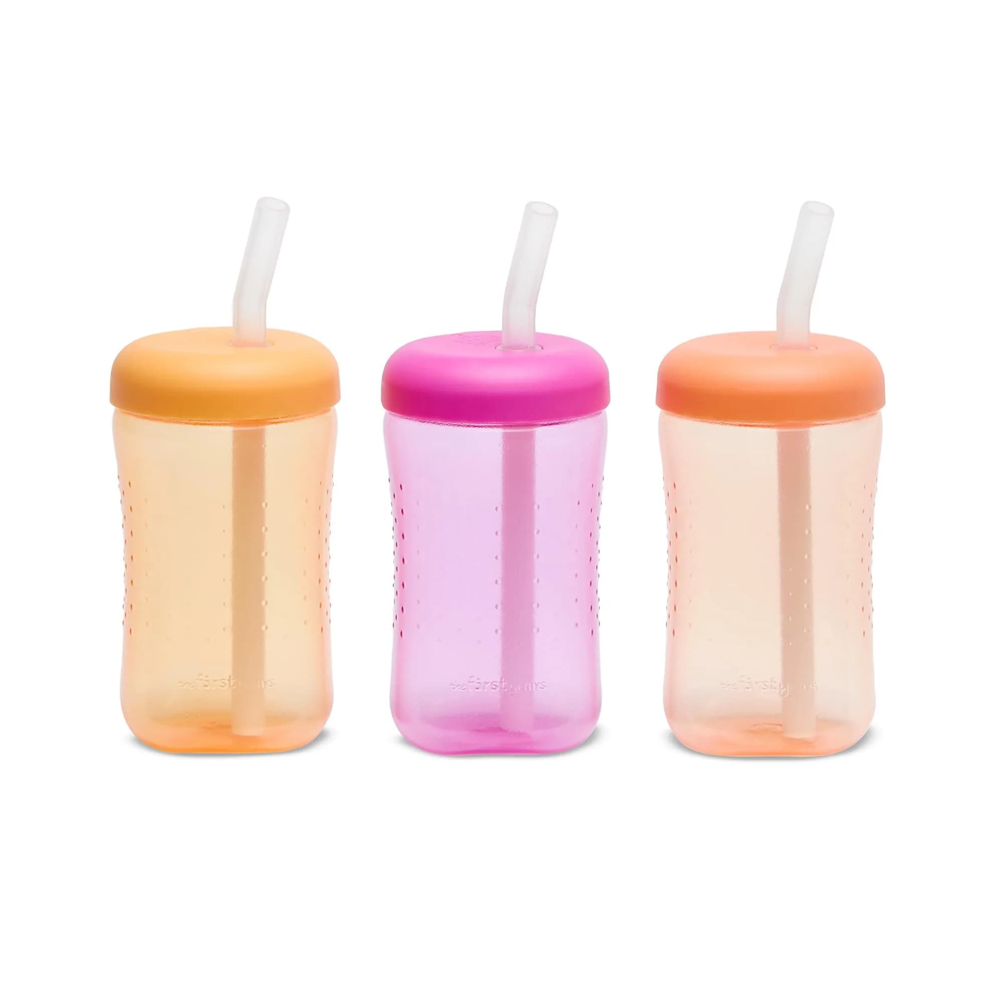 The First Years Squeeze & Sip Straw Cups - 7 Oz (207ml) - 3 Count | Spill-Proof Training Cups for Babies 6+ Months — Yellow/Pink/Orange