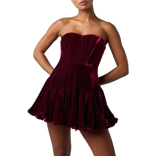 Lulus Zarae Corset Velvet Women's Cocktail Mini Dress, Merlot, Small | Flirty, Party-Ready Velvet Mini Dress thumbnail 1