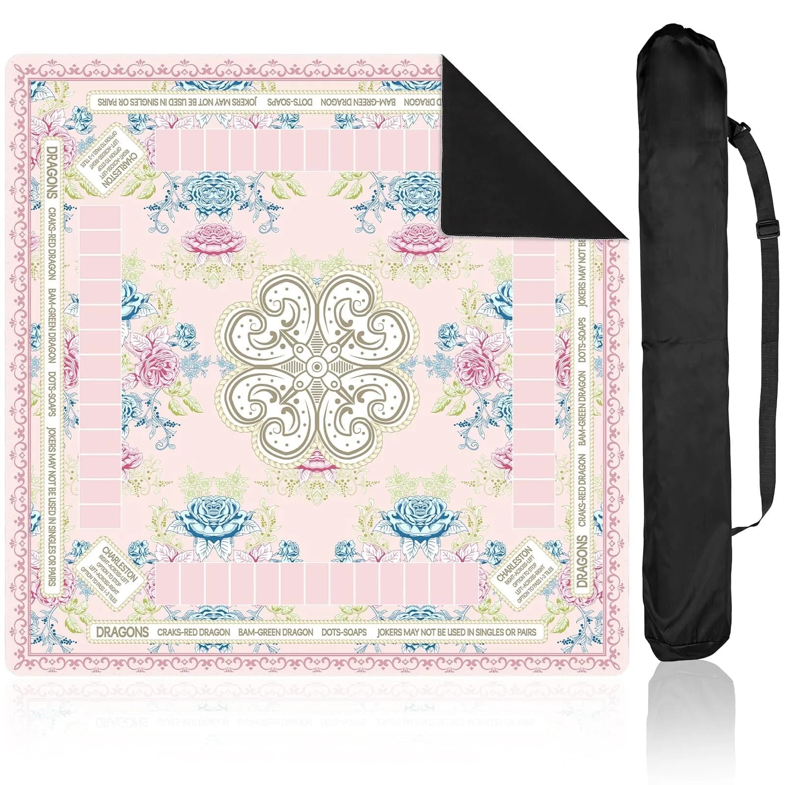 party greeting Chinoiserie Mahjong Mat with Black Carrying Bag 31.5 x 31.5 in | Multi Purpose Game Table Cover