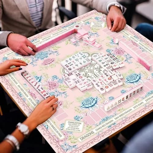 party greeting Chinoiserie Mahjong Mat with Black Carrying Bag 31.5 x 31.5 in | Multi Purpose Game Table Cover thumbnail 5