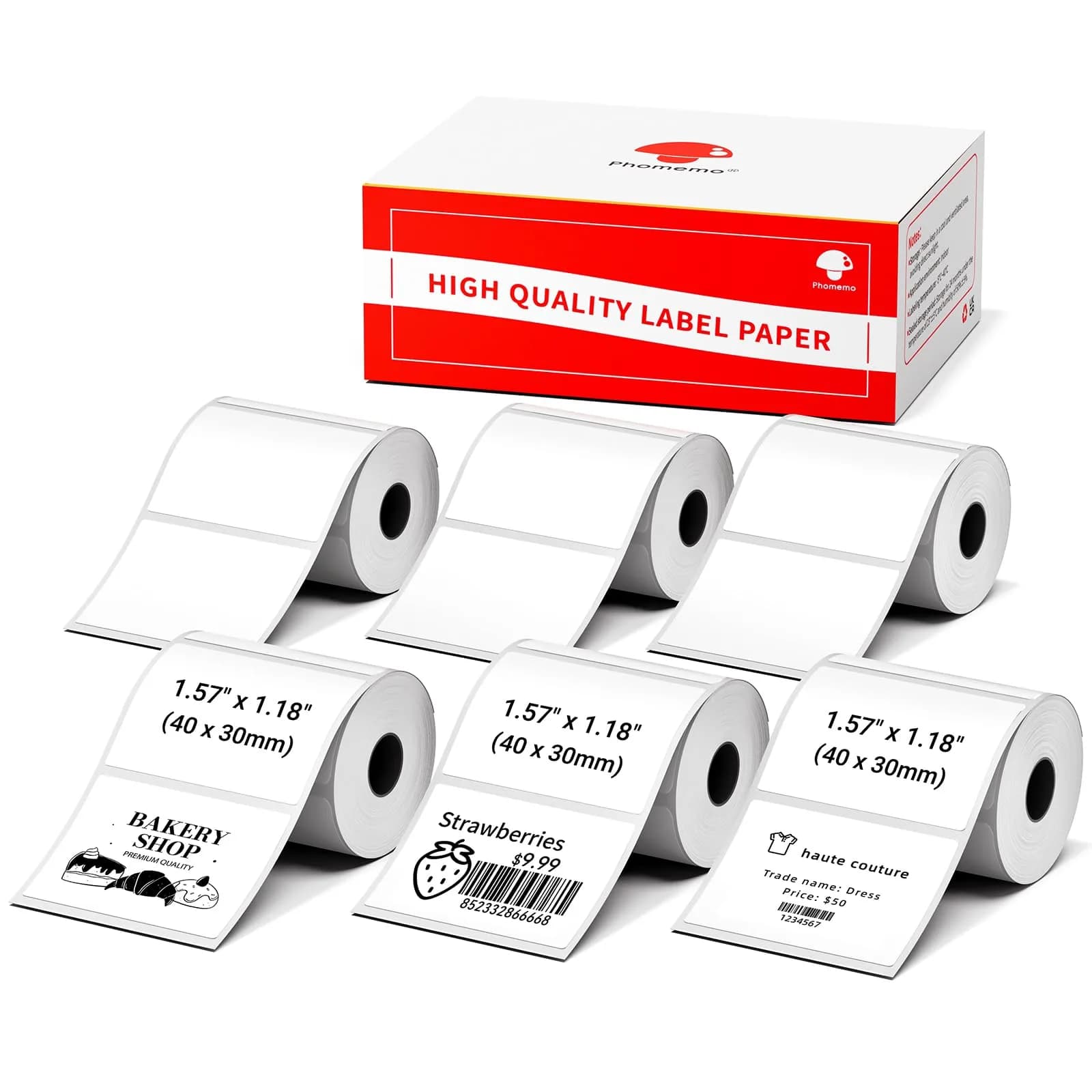 Phomemo M110 Thermal Labels 40x30mm (1.57"x1.18") Black on White, 6 Rolls | Professional Grade Labels for Small Business - main product image
