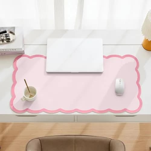 Ohocut Scalloped Desk Mat 31.5" x 15.7" | Pink PU Leather Large Desk Accessory thumbnail 3