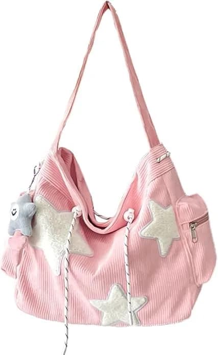 Tuobo Crossbody Bag for Women, Corduroy Y2K Aesthetic Shoulder Bag, Cute Messenger Tote (13.8"L x 11.8"H), Pink thumbnail 2