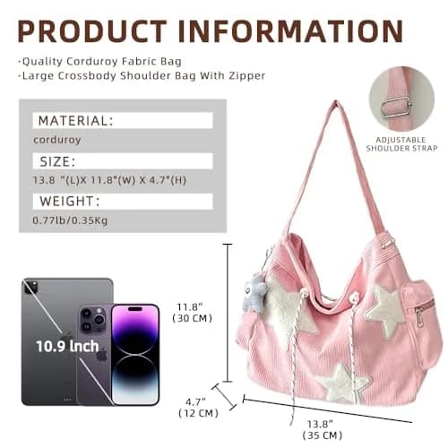 Tuobo Crossbody Bag for Women, Corduroy Y2K Aesthetic Shoulder Bag, Cute Messenger Tote (13.8"L x 11.8"H), Pink thumbnail 5