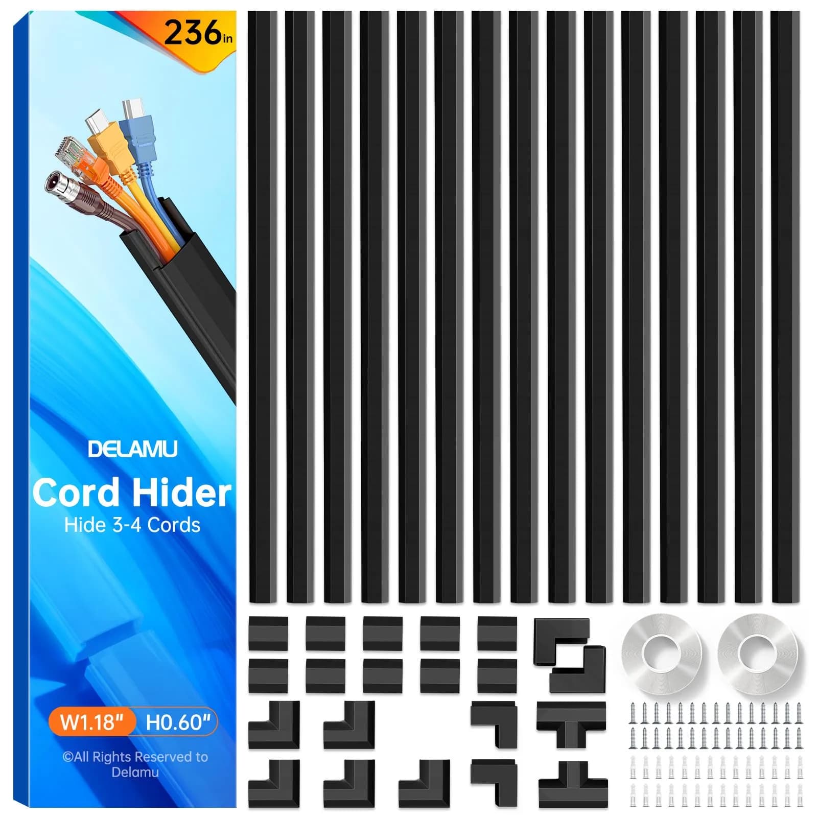 Delamu Large Cable Hider Raceway Kit 2.9cm W x 1.7cm H x 216cm L | Conceals 3-4 Wires on Wall — Black / 1.18in W x 0.67in H x 236in L