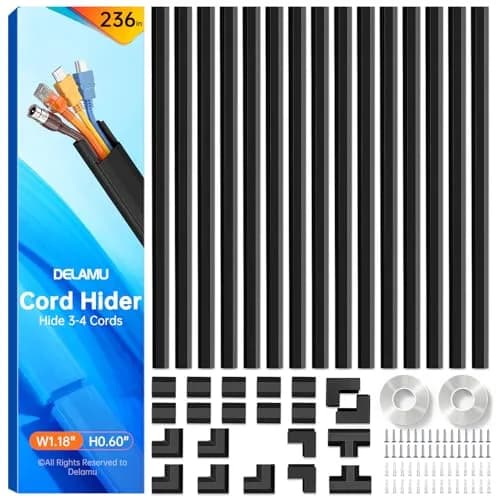 Delamu Black Cord Hider, 600cm (236in) Cable Raceway for 3-4 Wires on Wall | UL94 V-0 Rated Flame Retardant thumbnail 1