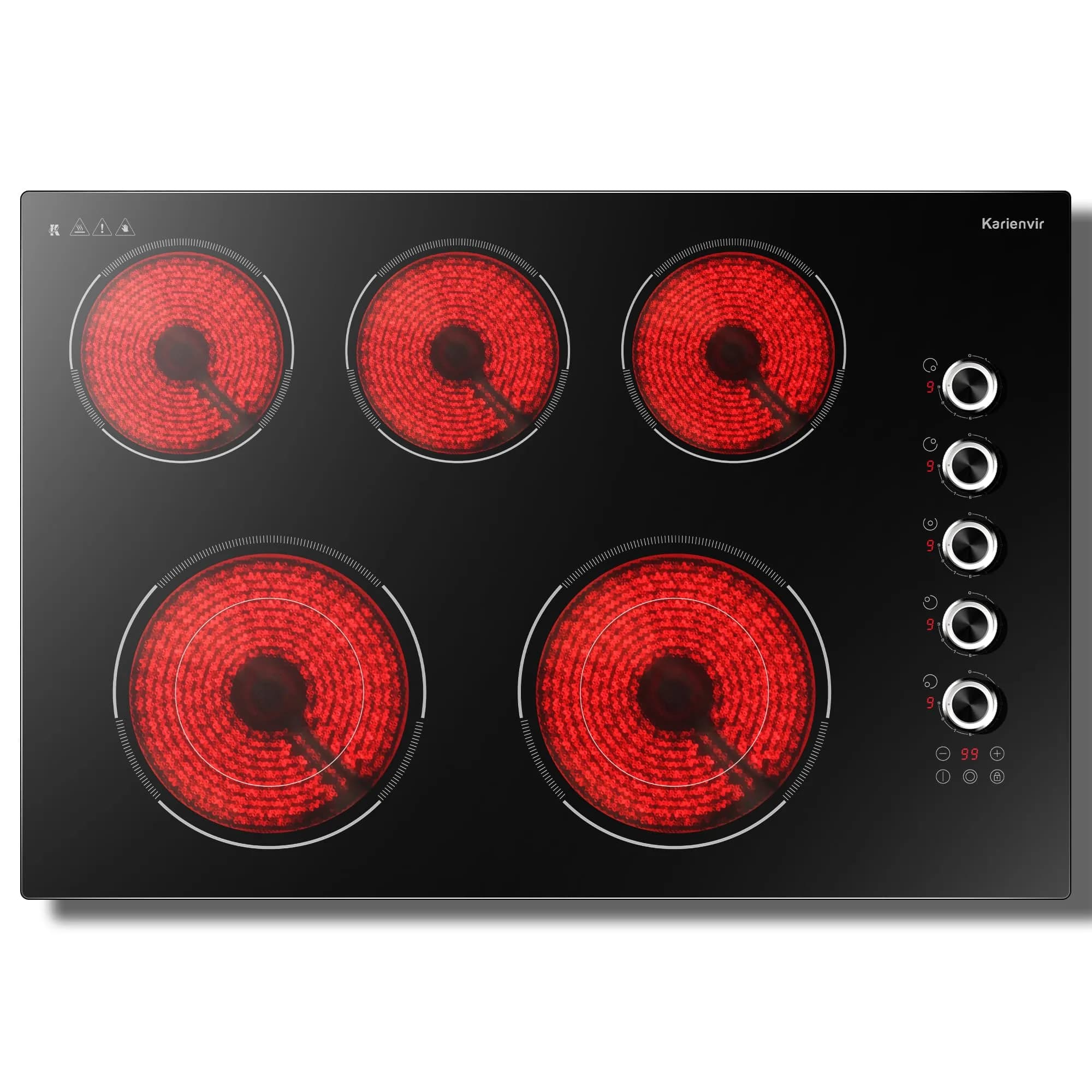 Karienvir 30 Inch Electric Cooktop 5 Burner 8600W Dual Ring Knob & Touch 76.2 cm (30 Inch)