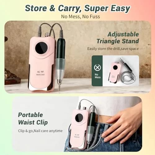 JEWHITENY Professional Rechargeable Nail Drill 35000 RPM SG707 Pink | Multi-functional Electric Nail File for Acrylics & Gels thumbnail 6
