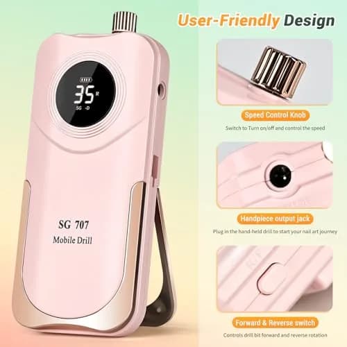 JEWHITENY Professional Rechargeable Nail Drill 35000 RPM SG707 Pink | Multi-functional Electric Nail File for Acrylics & Gels thumbnail 3