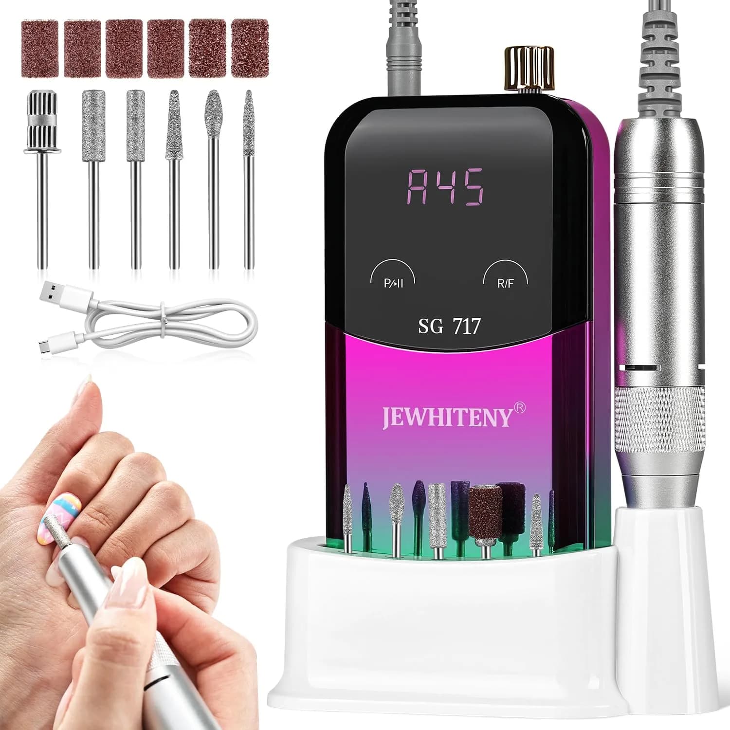 JEWHITENY SG717 Portable Nail Drill 45000RPM | Professional Rechargeable E-File Machine for Acrylic Gel Nails - main product image