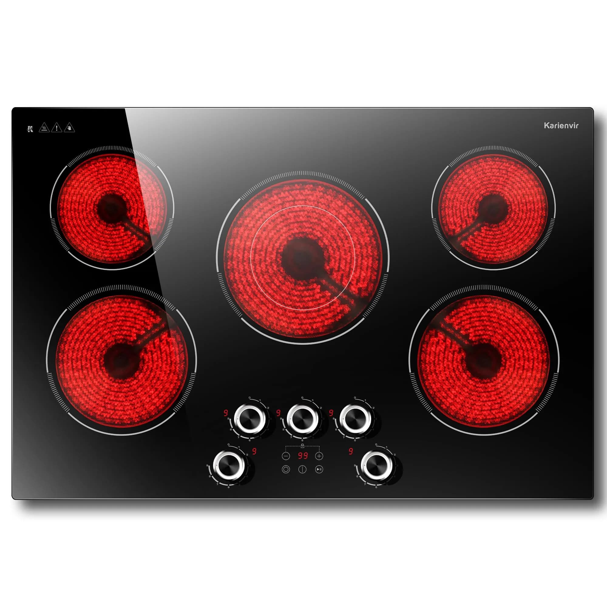 Karienvir 30 Inch 5 Burner Electric Cooktop 8500W | 220V Compatible Built-In Glass Ceramic Cooktop with Dual-Ring Burner & Safety Lock - main product image