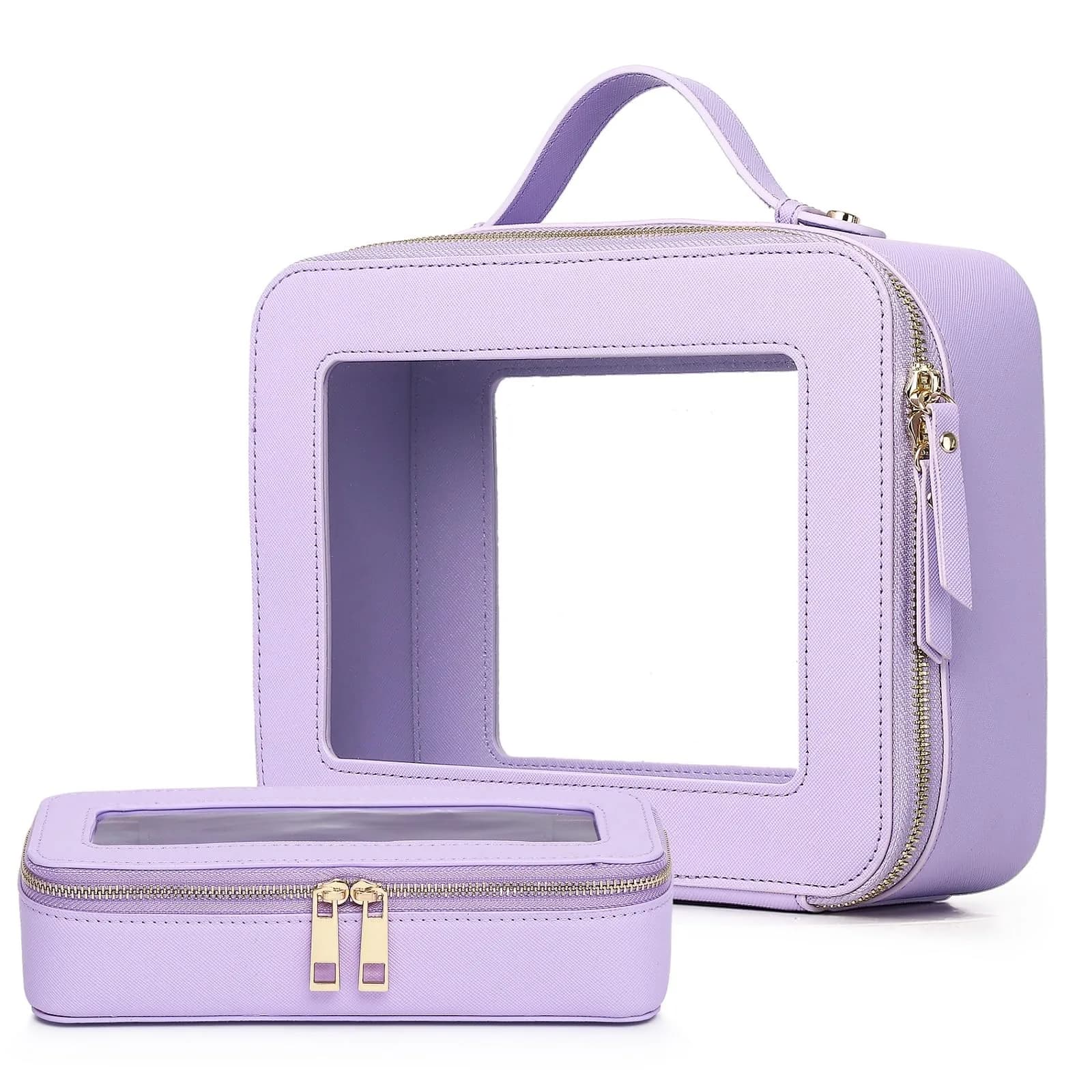 Pinkmik Clear Makeup Bag with Brush Bag, Purple, L+SLIM | TSA Approved Travel Cosmetic Organizer Set