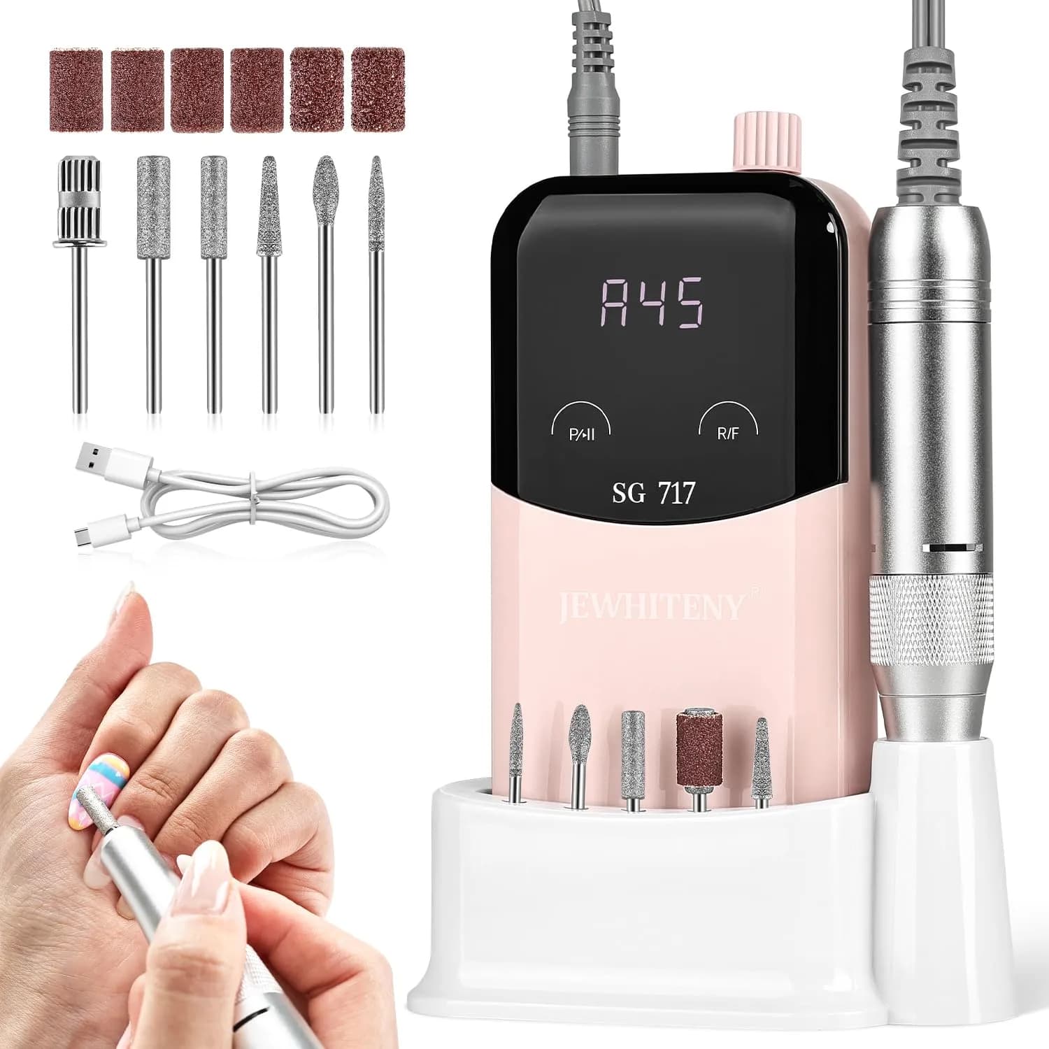 JEWHITENY SG717 Portable Nail Drill 45000RPM | Professional Rechargeable E-File Machine for Acrylic Gel Nails — Pink & Black