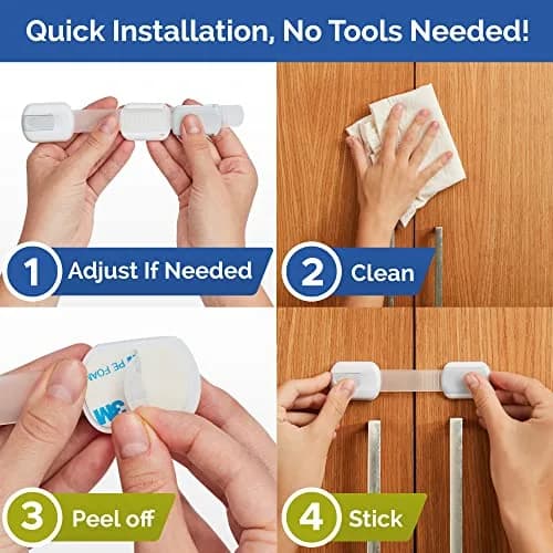 Wappa Child Safety Strap Locks (8 Pack) Baby Locks for Cabinets & Drawers | No Drilling, Easy Install, White/Gray thumbnail 5