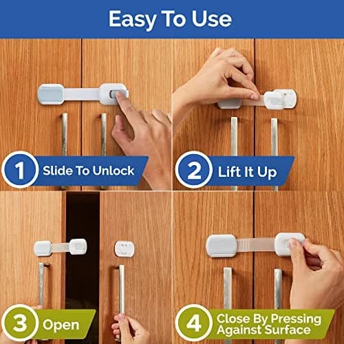 Wappa Child Safety Strap Locks (12 Pack) Baby Locks for Cabinets & Drawers | No Drilling, Easy Install, White/Gray thumbnail 3