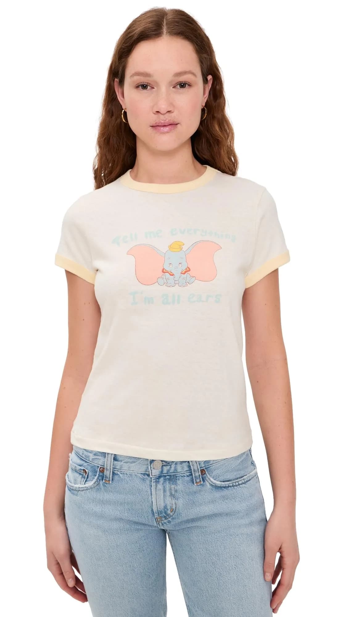 RE/DONE Womens 60s Slim Ringer TEE Dumbo, Vintage White W/SHORTBREAD, S | Crew Neck, Short Sleeve, Regular Fit