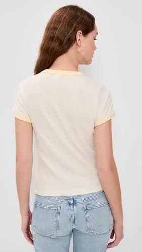 RE/DONE Womens 60s Slim Ringer TEE Dumbo, Vintage White W/SHORTBREAD, S | Crew Neck, Short Sleeve, Regular Fit thumbnail 4
