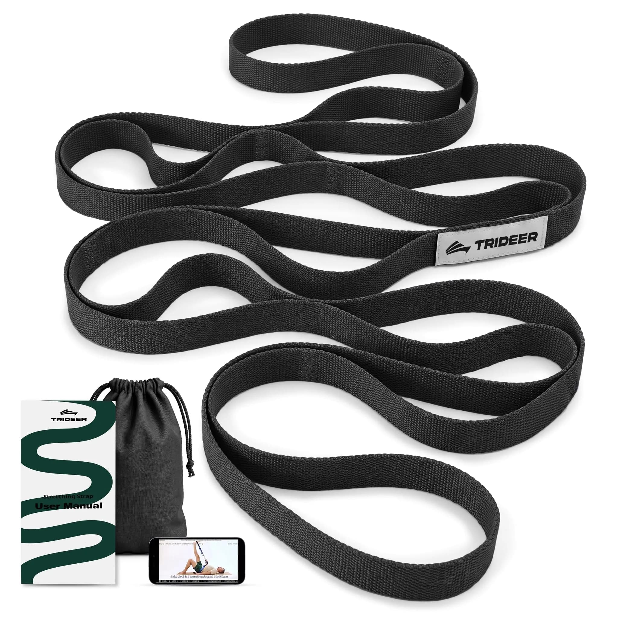 Trideer Stretching Strap with Loops & Leg Lifter 75 Inch (190.5 cm) | Non-Elastic PT-Style Physical Therapy Strap for Rehab, Hamstring, Calf & Back Stretcher Mobility — Onyx Black