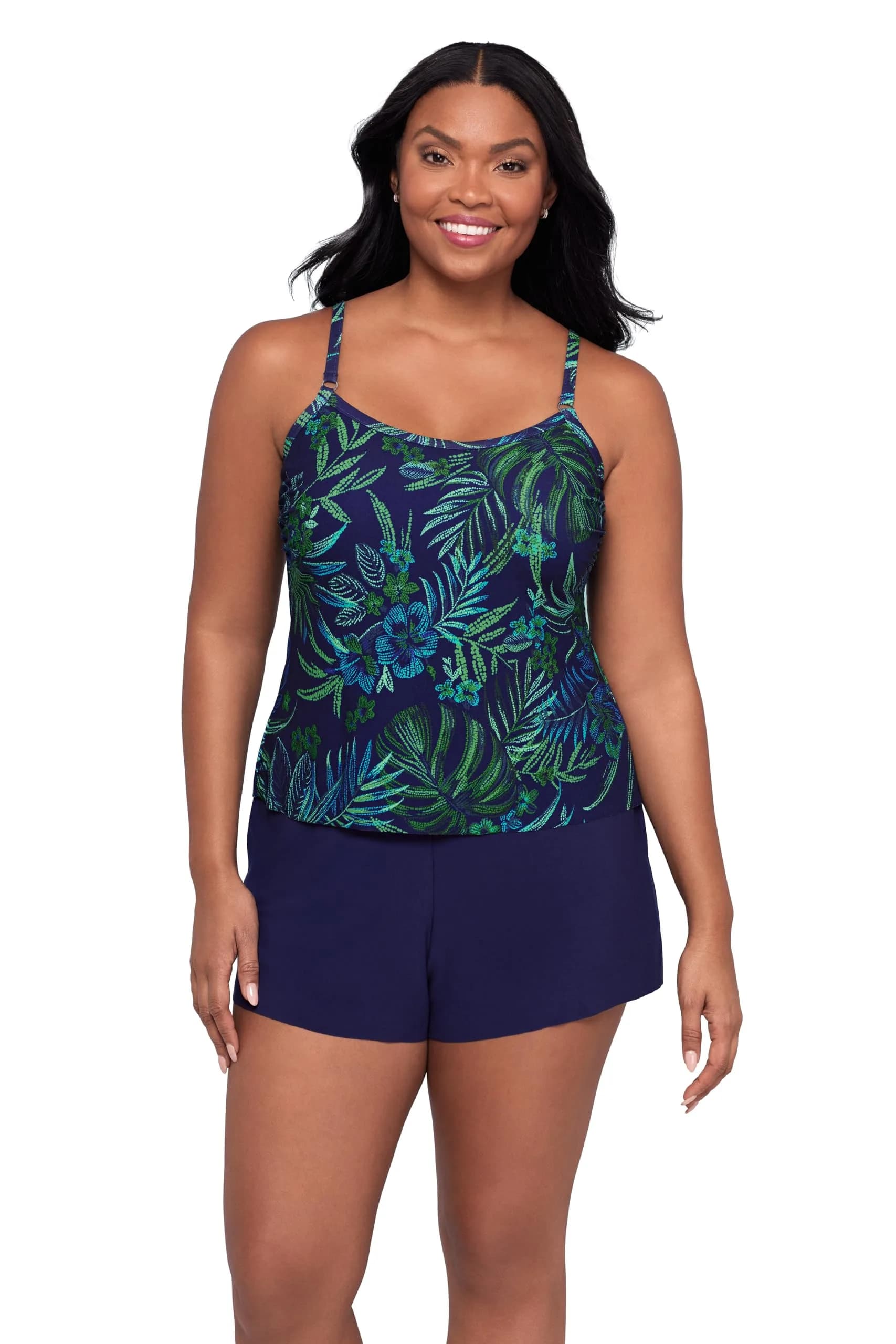 Trimshaper Tummy Control Swim Romper with Built-in Bra & Adjustable Straps | Fitted, Polyester-Spandex Blend, Tropical Tessellation, Size 16