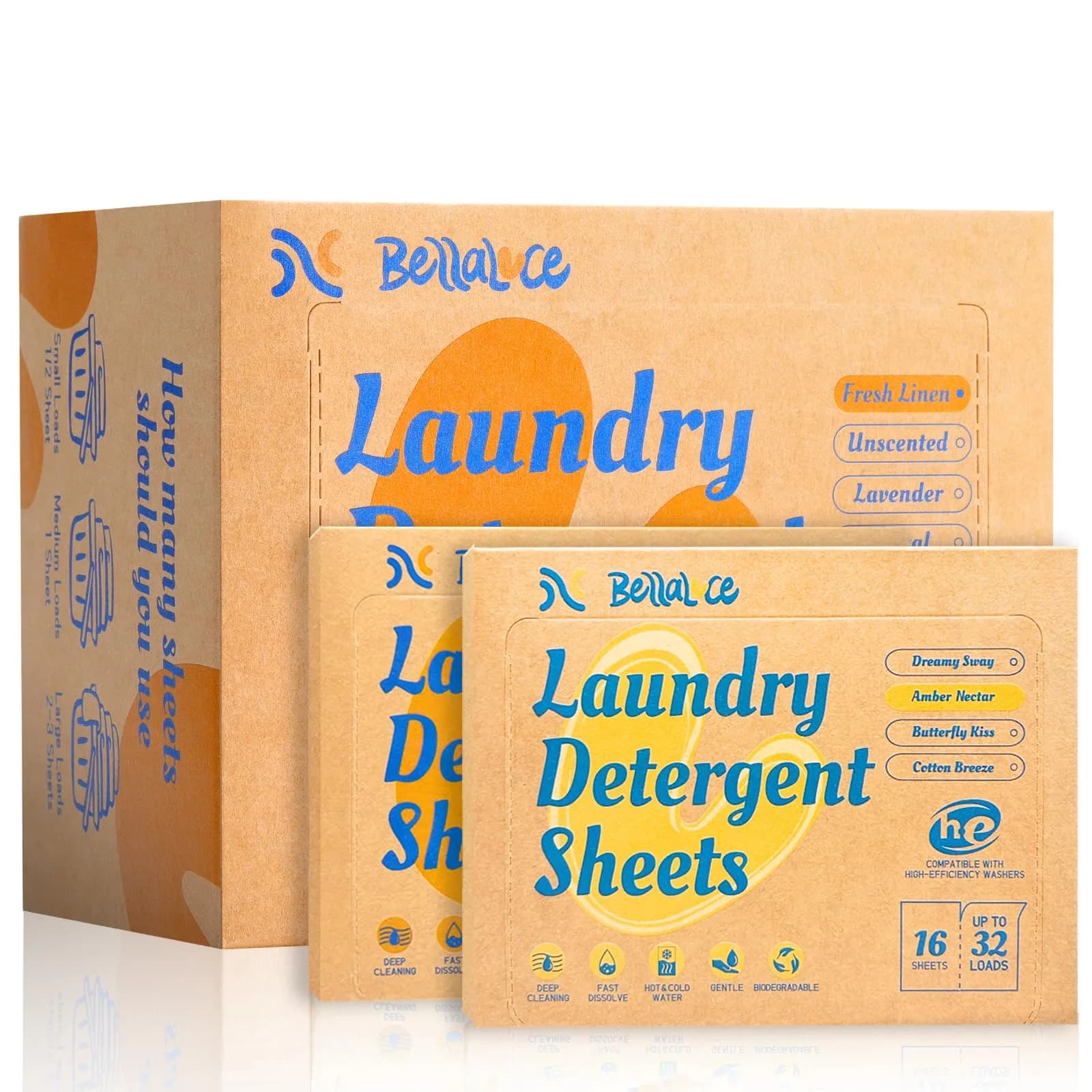 Bellaluce Laundry Detergent Sheets, Lavender Scent, 240 Loads | Eco-Friendly, Plastic-Free, Hypoallergenic — Fresh Linen & Amber Nectar / 304 Loads