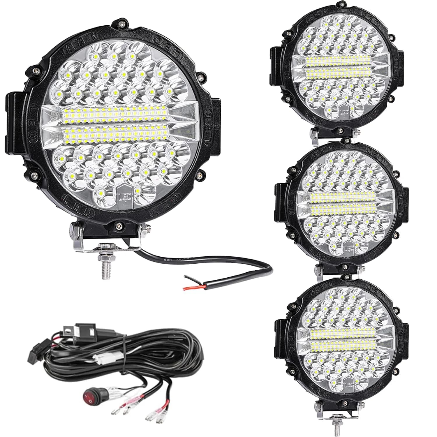 SAN YOUNG 7 Inch Round LED Off Road Lights 201W 12000lm (4 Pack) | Flood Spot Combo Beam for Trucks, ATVs, UTVs - main product image