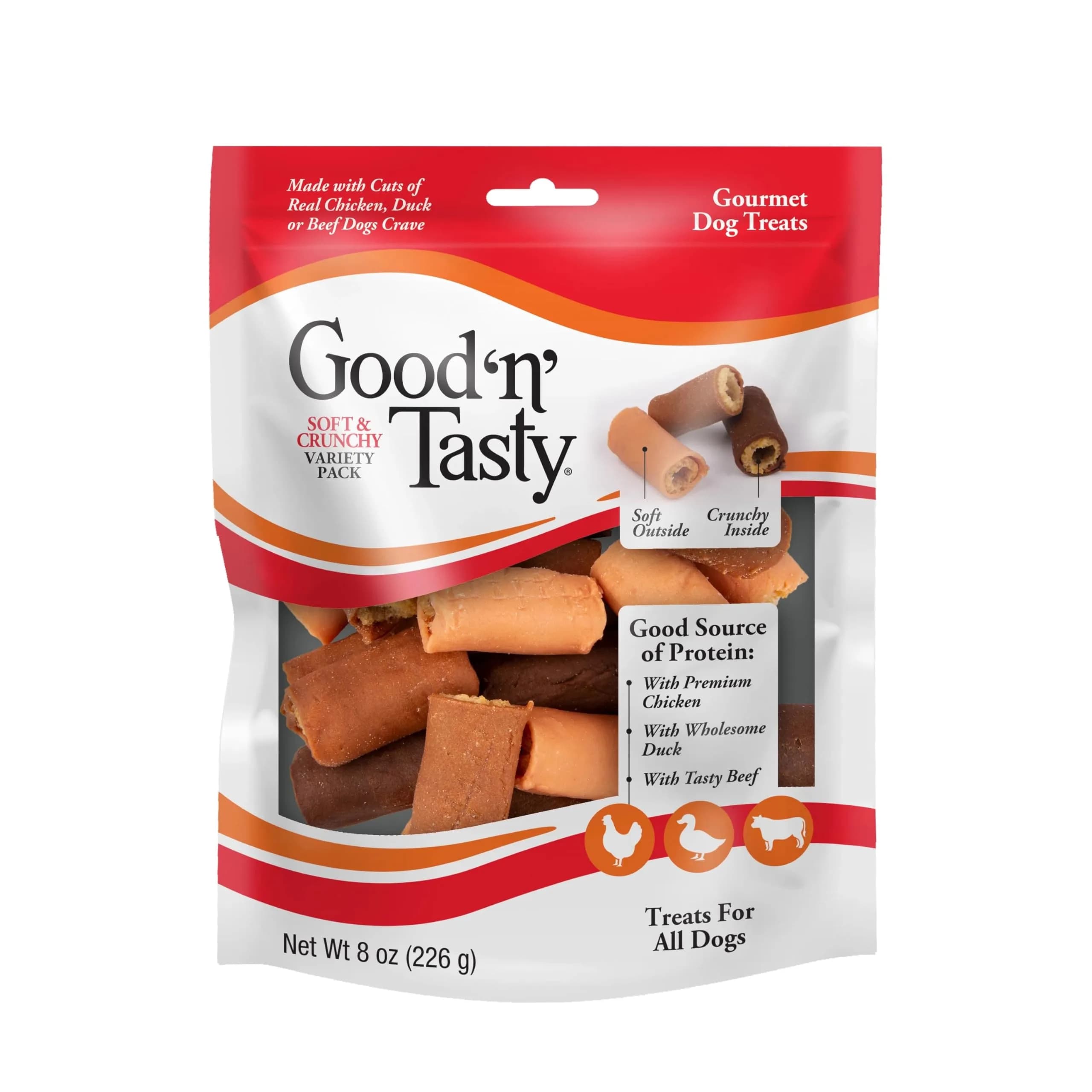 Good ‘N’ Tasty High Protein Dog Treats 8 oz | Soft & Crunchy Rolls with Real Chicken, Duck & Beef - main product image