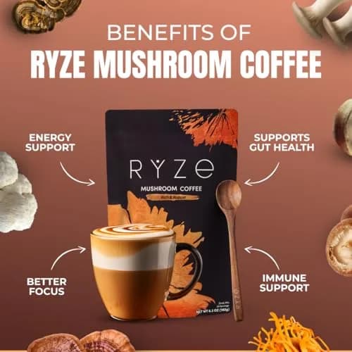 RYZE Organic Mushroom Coffee Dark Roast 179g (6.3 Oz) | Adaptogenic Blend for Energy & Focus thumbnail 2