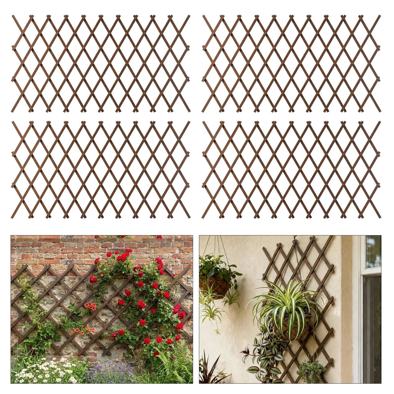 Tilinyan & one Expandable Garden Trellis 13" x 68" (4 PCS) | Climbing Plant Support Structure for Outdoor Vines — Brown-4PC / 38" x 89"