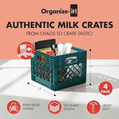 ORGANIZE-IT! Storage Milk Crate, Easy-Grip Handles, 12.25-In, Teal, 4-Pack | Classic Stackable Storage Solution thumbnail 2