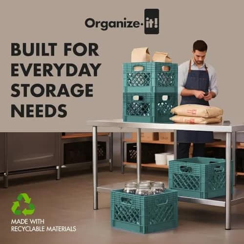 ORGANIZE-IT! Storage Milk Crate, Easy-Grip Handles, 12.25-In, Teal, 4-Pack | Classic Stackable Storage Solution thumbnail 4