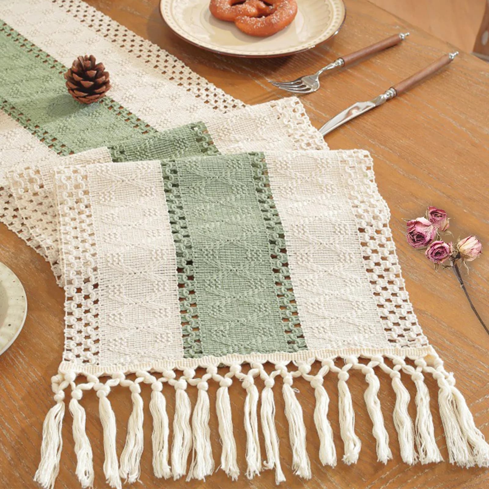 Niviy Sage Green Table Runner 72 Inches | Rustic Boho Summer Decor with Tassels - main product image