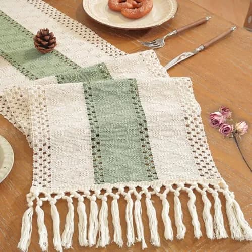 Niviy Sage Green Table Runner 72 Inches | Rustic Boho Summer Decor with Tassels thumbnail 1